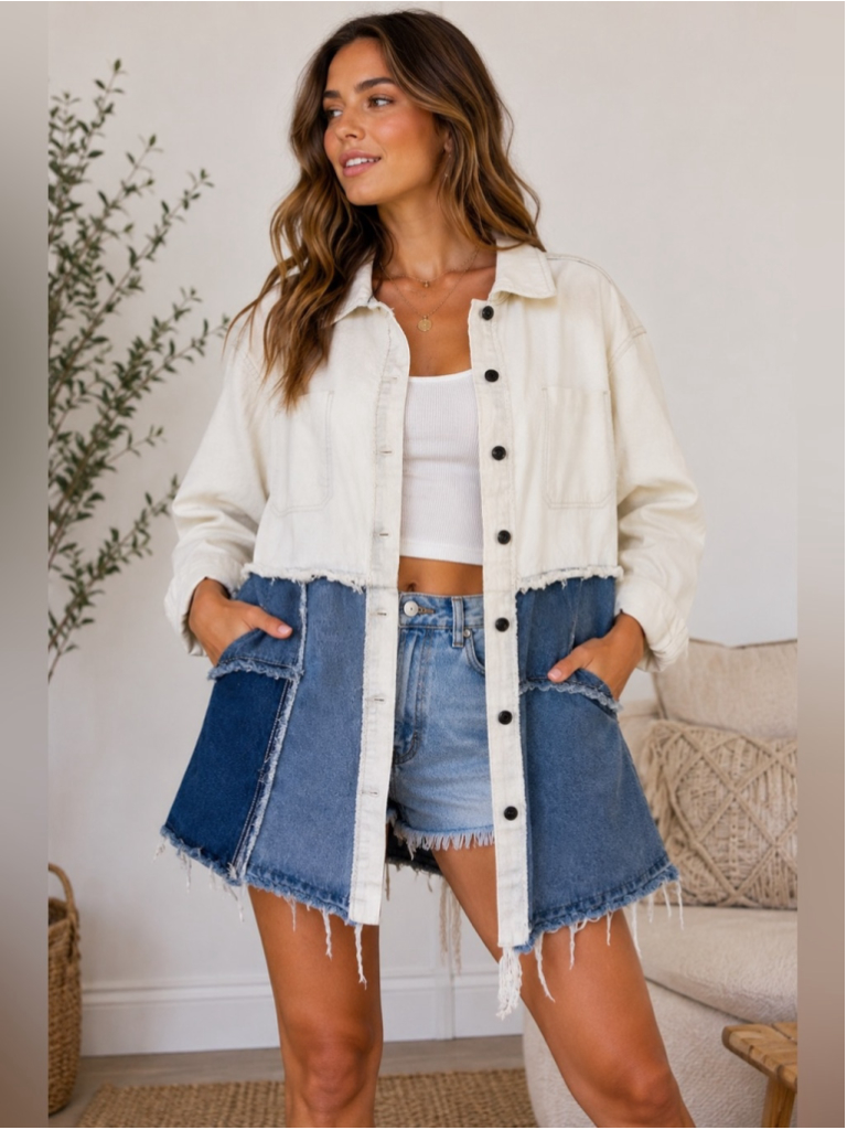 Listicle Two-Tone Denim Patchwork Shacket - Cream & Blue Size M Boho Festival